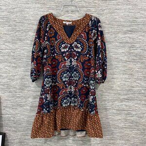 Joy Joy Womens Multicolor Boho Floral Print Dress With 3/4 Sleeves & Ruffle Hem